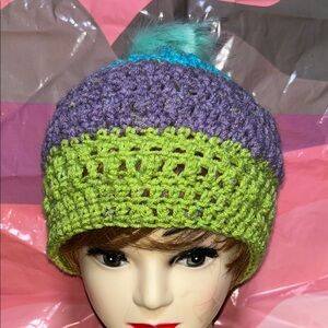 Colorful Crochet handmade Beanie hat in green purple & teal.